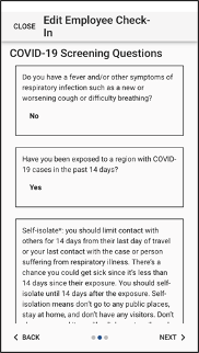 Employee Check in COVD-19 screening questions app screenshot